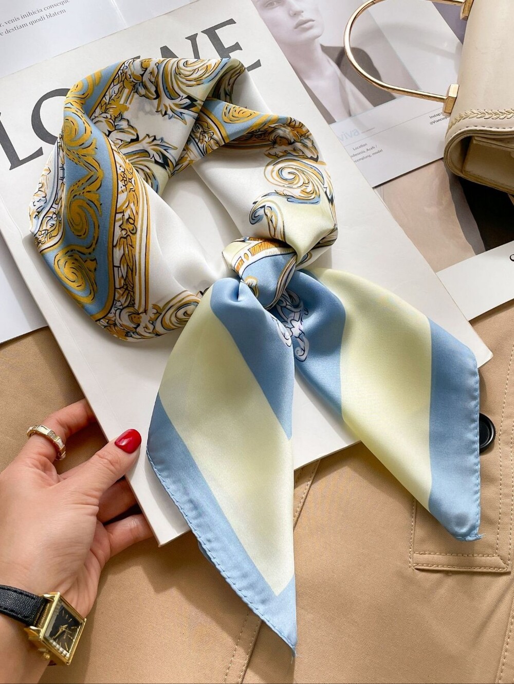 Silk-Feel Decorative Square Scarf in Pale Blue & Cream Head Scarf , 70×70cm - Picture 2 of 6